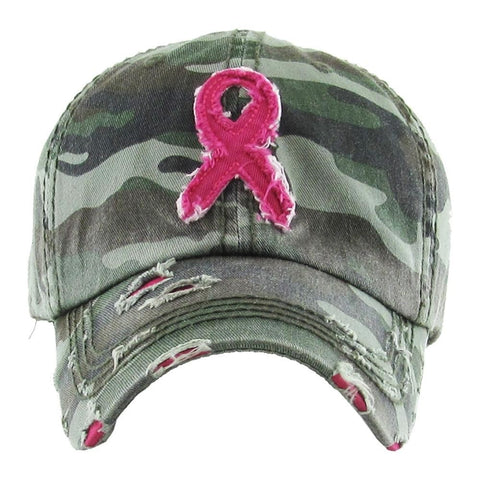 Vintage Distressed Camouflage Breast Cancer Awareness Baseball Cap, Camo