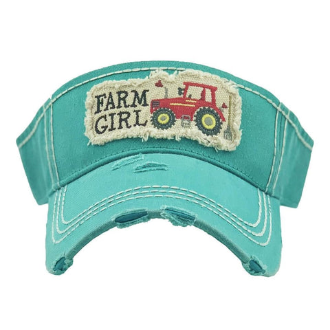Farm Girl Tractor Embroidered Distressed Sun Visor, Turquoise