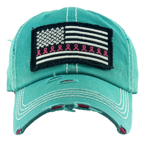 Vintage Distressed USA Breast Cancer Awareness Baseball Cap, Turquoise