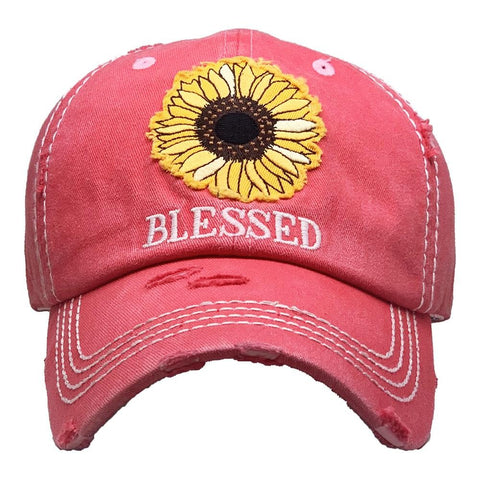 Sunflower Vintage Distressed Baseball Cap That Says "Blessed"