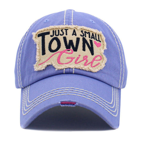 Vintage Distressed "Just A Small Town Girl" Embroidered Patch Baseball Cap, Iris
