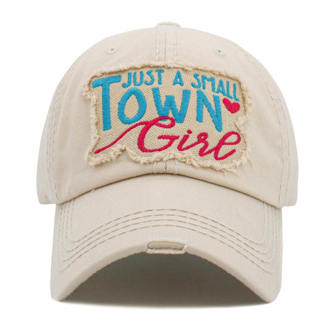 Vintage Distressed "Just A Small Town Girl" Embroidered Patch Baseball Cap, Tan
