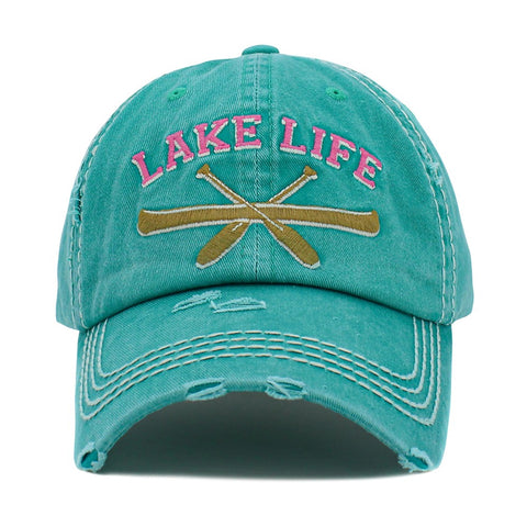 Vintage Distressed Baseball Cap Featuring 'Lake Life' Embroidered Detail, Turquoise