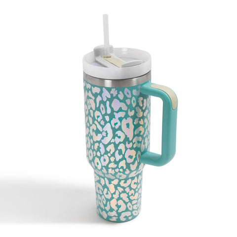 Holographic Leopard Print 40oz Stainless Steel Tumbler, Teal