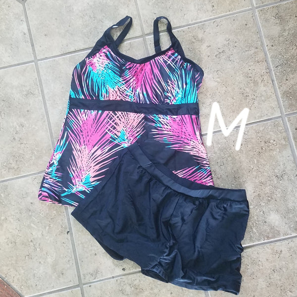 Tankini, Multi Color with Black Shorts, M
