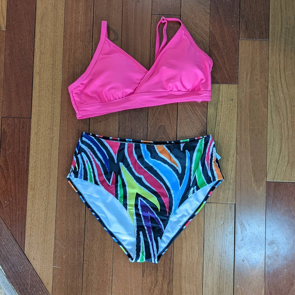 Bikini, Pink with Stripe Bottoms, 1XL