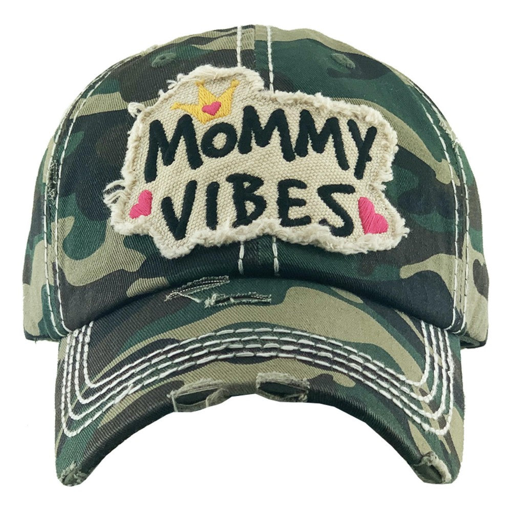 Vintage Distressed Mommy Vibes Embroidered Baseball Cap, Camo