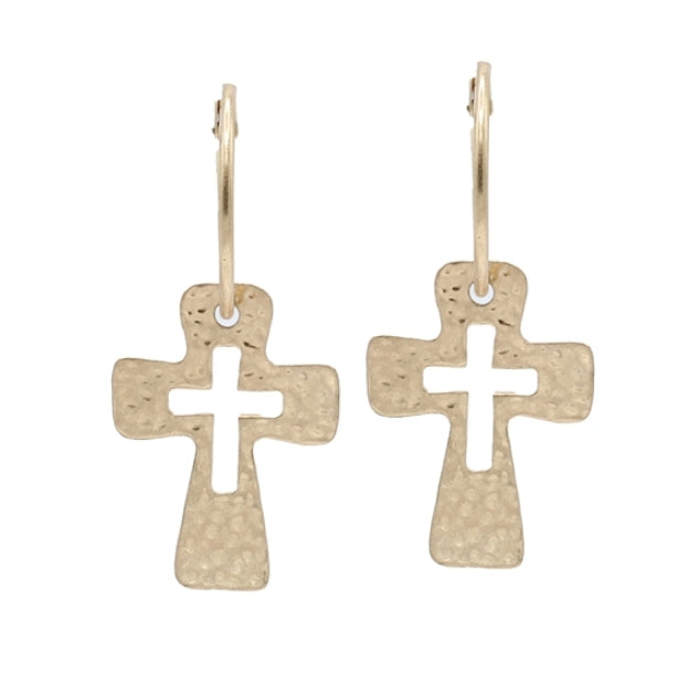 THE HAMMERED ROUNDED CROSS EARRINGS | GOLD