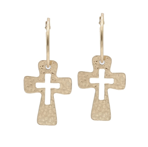 THE HAMMERED ROUNDED CROSS EARRINGS | GOLD