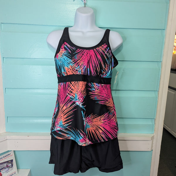 Tankini, Multi Color with Black Shorts, M